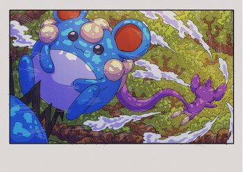 absurdres aipom breasts closed_mouth forest gen_2_pokemon highres looking_at_viewer marill monkey nature nintendo no_humans onamuzi_illust outdoors pokemon pokemon_(creature) pokemon_focus small_breasts smile tree