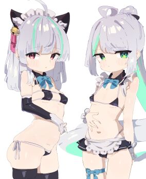 2girls admi_(nikke) ahoge animal_ear_fluff animal_ears bare_shoulders bell bikini black_bikini black_collar black_gloves black_thighhighs blue_bow blue_bowtie blush bow bow_legwear bowtie breasts cat_ears closed_mouth collar colored_inner_hair detached_collar elbow_gloves epinel_(nikke) eyebrows_hidden_by_hair eyepatch_bikini fake_animal_ears frilled_hairband frilled_headwear frilled_sleeves frilled_wrist_cuffs frills g-string gloves gluteal_fold goddess_of_victory:_nikke green_eyes green_hair grey_hair hair_bell hair_ornament hairband highres loli long_hair looking_at_viewer looking_to_the_side maid maid_bikini micro_bikini miniskirt multicolored_hair multiple_girls navel petite pink_eyes ponytail raised_eyebrows sidelocks skindentation skirt small_breasts swimsuit thigh_strap thighhighs thong tiffany_blews two-tone_gloves unconventional_maid very_long_hair white_gloves wrist_cuffs