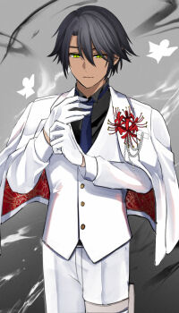 1boy alternate_costume black_hair black_necktie black_shirt closed_mouth dark-skinned_male dark_skin formal_clothes green_eyes hair_between_eyes highres ikaruga_(rune_factory) komugiko_(komugiu08) necktie rune_factory rune_factory:_guardians_of_azuma shirt suit white_suit