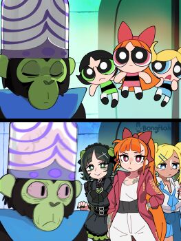 1boy 3girls absurdres animification artist_name black_hair blonde_hair blossom_(ppg) blue_eyes bongftah brain bubbles_(ppg) buttercup_(ppg) commentary crown gothic_lolita green_eyes gyaru hair_ribbon highres jacket lolita_fashion long_hair mojo_jojo monkey multiple_girls nail_polish orange_hair powerpuff_girls red_eyes red_jacket ribbon school_uniform shirt signature symbol-only_commentary tattoo twintails white_shirt