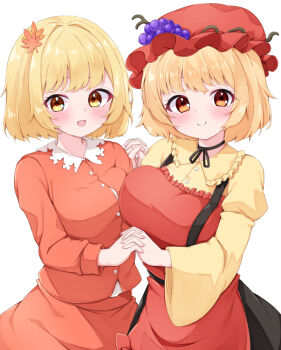 Rule 34 | 2girls, :d, aki minoriko, aki shizuha, apron, asymmetrical docking, black choker, black skirt, blonde hair, blush, bow, bow choker, breast press, breasts, choker, closed mouth, collared shirt, commentary, cowboy shot, food-themed hair ornament, frilled shirt collar, frills, fruit hat ornament, grape hat ornament, hair ornament, hat, holding hands, interlocked fingers, large breasts, leaf hair ornament, long sleeves, looking at viewer, medium breasts, mob cap, multiple girls, open mouth, orange eyes, red apron, red choker, red hat, red shirt, red skirt, ribbon choker, rururiaru, shirt, short hair, siblings, simple background, sisters, skirt, skirt set, smile, standing, touhou, white background, yellow eyes, yellow shirt