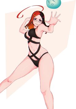 1girl abs absurdres ahoge armpits asutoia black_hair breasts earrings glasses highres jewelry kahu_ruan medium_breasts multicolored_hair navel original purple_eyes red_hair short_hair slime smile solo swimsuit thighs volleyball_serve