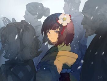 2boys 4girls absurdres beard bell closed_mouth commentary_request eneshi expressionless facial_hair flower green_kimono hair_bell hair_bun hair_flower hair_ornament hakurei_reimu hieda_no_akyuu highres japanese_clothes kimono long_sleeves looking_at_viewer looking_to_the_side motoori_kosuzu multiple_boys multiple_girls mustache old old_man purple_eyes purple_hair short_hair touhou upper_body white_flower yellow_kimono