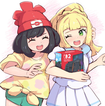 2girls beanie black_hair blonde_hair braid closed_eyes collared_dress dress floral_print green_eyes green_shorts hand_on_another&#039;s_head hat highres kutabireta_neko lillie_(pokemon) multiple_girls nintendo nintendo_switch_2 one_eye_closed poke_ball_theme pokemon pokemon_sm ponytail ponytail_with_braided_base red_hat selene_(pokemon) shirt short_hair shorts sundress t-shirt tied_shirt white_background white_dress yellow_shirt