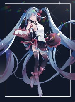 1girl absurdly_long_hair absurdres aono_99 aqua_eyes aqua_hair bare_shoulders black_background black_skirt black_sleeves black_thighhighs cable character_name chinese_clothes closed_mouth commentary_request detached_sleeves diffraction_spikes flower full_body hair_flower hair_ornament hand_up hatsune_miku hatsune_miku_expo highres holding holding_microphone lens_flare long_hair looking_at_viewer looking_to_the_side microphone miniskirt outstretched_arm pleated_skirt rainbow red_ribbon revision ribbon shirt skirt sleeveless sleeveless_shirt solo standing thighhighs twintails twitter_username very_long_hair vocaloid white_shirt wide_sleeves zettai_ryouiki