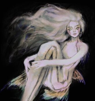 1girl \n/ absurdres aegyo_sal back_fin black_background blonde_hair blush commentary curled_up english_commentary facial_mark floating_hair highres long_hair looking_at_viewer mermaid monster_girl original shoulder_fins simple_background solo twulfs yellow_eyes