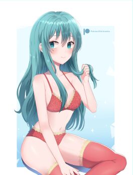 Rule 34 | 1girl, absurdres, aqua eyes, aqua hair, bare shoulders, bra, commentary, eirika (fire emblem), english commentary, fire emblem, fire emblem: the sacred stones, gold trim, highres, light blush, lilshironeko, lingerie, long hair, looking to the side, nintendo, panties, patreon logo, patreon username, playing with own hair, red bra, red panties, red thighhighs, smile, thighhighs, underwear, underwear only