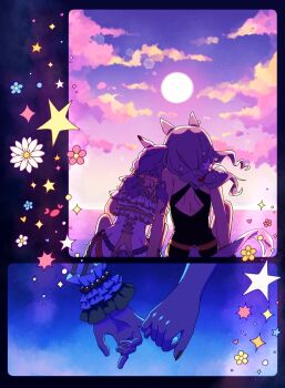 2girls absurdres animal_ears bare_shoulders bikini black_one-piece_swimsuit casual_one-piece_swimsuit cloud dress dress_swimsuit flower from_behind gold_ship_(run_revolt_launcher)_(umamusume) gold_ship_(umamusume) grey_hair highres holding_hands horse_ears horse_girl horse_tail kitnoko leaning leaning_on_person long_hair mejiro_mcqueen_(ripple_fairlady)_(umamusume) mejiro_mcqueen_(umamusume) multiple_girls ocean official_alternate_costume one-piece_swimsuit outdoors pink_sky purple_hair sky star_(symbol) sunset swimsuit tail umamusume water yuri