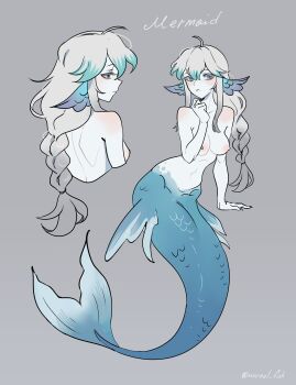 1girl absurdres blue_eyes blue_hair blue_scales blush colored_skin commentary english_commentary english_text fins gradient_hair grey_background grey_hair head_fins highres inktober mermaid monster_girl multicolored_hair multiple_views nipples nude original shoulder_blush simple_background unreal_fish white_skin