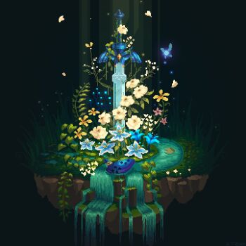 blue_flower fairy floating_island flower grass instrument itzah lily_pad master_sword navi nintendo no_humans ocarina petals pixel_art plant planted planted_sword planted_weapon scenery silent_princess sword the_legend_of_zelda the_legend_of_zelda:_ocarina_of_time vines water waterfall weapon white_flower yellow_flower