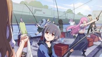 6+girls absurdres ankle_boots ankle_socks arm_up arms_up ave_mujica_(bang_dream!) bag bang_dream! bang_dream!_it's_mygo!!!!! bare_shoulders baseball_cap bird black_boots black_choker black_hair black_hat black_jacket black_pants black_ribbon black_shirt black_shoes black_skirt blonde_hair blue_hair blue_jacket blue_skirt boots box bra brown_eyes brown_hair brown_jacket bucket can chihaya_anon choker closed_eyes clothes_lift collarbone collared_jacket commentary cropped_shirt crossed_bangs curled_fingers dated_commentary day everyone facing_ahead facing_animal facing_another fang fish fish_in_bucket fishing fishing_net fishing_rod floating frilled_shirt frills green_hair grey_hair grey_jacket grey_pants grey_shirt grey_skirt grey_socks hair_between_eyes hair_ribbon hand_up hat high_heel_boots high_heels highres holding holding_bag holding_fishing_rod hood hood_down hooded_jacket jacket kaname_raana leaning_forward long_hair long_skirt looking_at_another low_ponytail mary_janes medium_hair medium_skirt midriff midriff_peek misumi_uika mole mole_under_eye multiple_girls mygo!!!!!_(bang_dream!) nagasaki_soyo navel octopus on_box one_side_up open_clothes open_jacket open_mouth outdoors pants pants_rolled_up parted_lips pink_hair pleated_skirt ponytail print_shirt puffy_short_sleeves puffy_sleeves pulling_another's_clothes purple_eyes purple_hair purple_shirt purple_skirt ribbon river shiina_taki shirt shirt_lift shirt_tug shoes shopping_bag short_hair short_sleeves sidelocks sitting sitting_on_box skin_fang skirt sky sleeves_rolled_up socks spitting standing swept_bangs takamatsu_tomori togawa_sakiko underwear v-shaped_eyebrows very_long_hair wakaba_mutsumi walking wharf white_bra white_hair white_jacket white_shirt yahata_umiri yuutenji_nyamu yzj21333