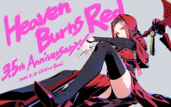absurdres axe battle_axe boots breasts gomi_chihiro hat heaven_burns_red highres large_breasts maria_de_angelis nun parted_bangs red_eyes red_hair thigh_boots thighhighs veil weapon