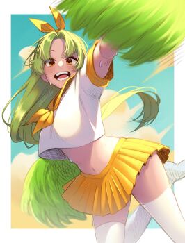 Rule 34 | 1girl, absurdres, blush, border, cheerleader, commentary, cowboy shot, cropped shirt, english commentary, green hair, hair ribbon, highres, holding, holding pom poms, kuraedo, long hair, looking at viewer, miniskirt, mole, mole on thigh, mole under mouth, neckerchief, open mouth, original, outside border, parted bangs, pom pom (cheerleading), pom poms, ribbon, shirt, short sleeves, skirt, smile, solo, stomach, sweat, thighhighs, white border, white shirt, white thighhighs, yellow eyes, yellow neckerchief, yellow ribbon, yellow skirt