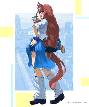 1girl alternate_costume animal_ears bag blue_eyes blue_shoes blue_skirt blush braid brown_hair bubble_tea clothes_around_waist commentary_request cup dated drinking_straw full_body gyaru hair_ornament hair_scrunchie hand_on_own_hip highres holding holding_cup horse_ears horse_girl horse_tail kneepits kogal long_hair loose_socks natsunori open_mouth school_bag scrunchie shirt shoes signature skirt sleeves_pushed_up smile socks solo standing super_creek_(umamusume) tail umamusume white_shirt white_socks wrist_scrunchie