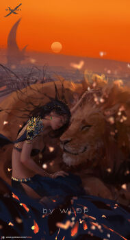 Rule 34 | 1girl, animal, armor, bangle, blue skirt, bra, bracelet, character request, city lights, closed eyes, curled up, earrings, full body, ghostblade, hand on knees, highres, jewelry, kneeling, lens flare, light particles, lion, no shirt, on ground, pelvic curtain, shoulder armor, skirt, sleeping on animal, smile, sunset, toned, toned female, underwear, wind, wlop