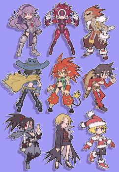 2boys 6+girls absurdres android android_(disgaea) beast_master_(disgaea) ben-day_dots berserker_(disgaea) bikini black_bikini black_bra blonde_hair blue_eyes bra breasts brown_hair character_cutout cleavage cleavage_cutout clothing_cutout cowboy cowboy_hat demon_boy demon_girl disgaea glasses grey_armor gunner_(disgaea) gunslinger_(disgaea) hat heavy_knight_(disgaea) highres knight kuji-in kunoichi_(disgaea) long_hair multiple_boys multiple_girls ninja orange_hair phantom_brave pink_hair professor_(disgaea) purple_background purple_hair red_bra red_eyes red_hair screentones shadow short_hair spdcooler swimsuit underwear western witch_(phantom_brave) yellow_eyes