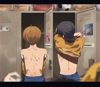 Rule 34 | 2boys, amazon (company), back, ball, black hair, blue pants, blurry, blurry foreground, brown hair, bruise, bruise on back, changing clothes, commentary request, from behind, indoors, injury, jinnai enta, locker, locker room, male focus, multiple boys, okome hanken, pants, sarazanmai, scratches, shirt, short hair, soccer ball, yasaka kazuki, yellow shirt