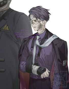 2boys arm_sling bandage_over_one_eye bandaged_head bandages bandaid bandaid_on_neck belt black_jacket collared_shirt corbeau_(pokemon) gauze gauze_on_cheek glasses highres injury jacket jacket_on_shoulders kitsune_(ly_howe) male_focus multiple_boys neckerchief nintendo philippe_(pokemon) pokemon pokemon_legends:_z-a purple_shirt shirt simple_background solo watermark white_background white_neckerchief yellow_eyes