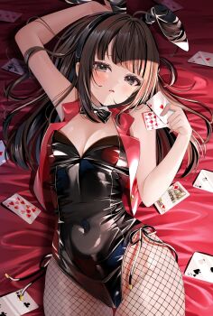 ace_(playing_card) ace_of_hearts akishino_yuzuki animal_ear_hairband animal_ears artist_request black_bow black_bowtie black_hair black_leotard blunt_bangs bow bowtie breasts brown_eyes card cleavage commentary_request cowboy_shot detached_collar fake_animal_ears fishnet_pantyhose fishnets five_of_spades four_of_clubs hairband heart highres indie_virtual_youtuber leotard lying medium_breasts pantyhose playboy_bunny playboy_bunny_vest playing_card rabbit_ears red_vest second-party_source shiny_leotard side-tie_leotard strapless strapless_leotard ten_of_hearts two_side_up vest virtual_youtuber