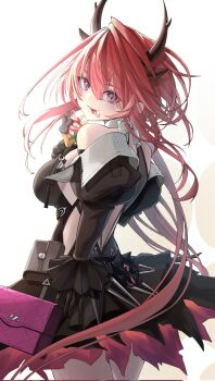 Rule 34 | 1girl, :p, agenoumi, arknights, arknights: endfield, bag, bare shoulders, black dress, black gloves, black horns, breasts, colored petticoat, commentary, demon girl, demon horns, detached sleeves, dress, food, food on face, from behind, gloves, handbag, highres, horns, laevatain (arknights), long hair, looking at viewer, looking back, medium breasts, petticoat, purple eyes, red hair, sideless dress, simple background, sleeveless, sleeveless dress, solo, surtr (arknights), tongue, tongue out, white background