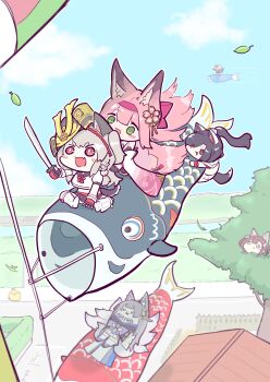 Rule 34 | 6+girls, :3, absurdres, animal ears, azur lane, black gloves, black hair, blue sky, brown hair, chibi, closed eyes, dog ears, fang, fingerless gloves, flying, gloves, green eyes, grey hair, grey tail, hanazuki (azur lane), hermes (azur lane), highres, himajin (fd jin), kitsune, kodomo no hi, koinobori, kyuubi, large tail, leaf, long hair, long sleeves, manjuu (azur lane), multiple girls, multiple tails, outdoors, paper hat, paper kabuto, pink hair, red eyes, scared, shigure (azur lane), shinano (azur lane), shiratsuyu (azur lane), skin fang, sky, sleeping, tail, white hair, wide sleeves, windsock, yuudachi (azur lane)