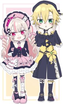 Rule 34 | 1boy, 1girl, :3, ankle strap, ascot, asymmetrical legwear, awayukisigure, belt, black ascot, black belt, black bow, black capelet, black hat, black ribbon, black shirt, black shoes, black shorts, black sleeves, black socks, blonde hair, blunt bangs, blush, bonnet, bow, bow legwear, brooch, buttons, capelet, chinstrap, collared shirt, colored inner hair, deformed, dress, drill hair, ear chain, earclip, earrings, fang, flipped hair, footwear bow, frilled bonnet, frilled capelet, frilled dress, frilled sleeves, frills, full body, green eyes, grey hair, hair between eyes, hair intakes, hair ornament, hair ribbon, hairpin, hands up, hat, heart, highres, jewelry, linked piercing, long hair, long sleeves, looking at viewer, magical boy, magical girl, makaino ririmu, mismatched legwear, multicolored hair, multiple belts, neck ribbon, nijisanji, official alternate costume, official alternate hairstyle, open mouth, outline, parted lips, petticoat, piercing, pink background, pink bow, pink dress, pink hair, pink ribbon, pink shoes, pink streaks, platform shoes, pointy ears, puffy long sleeves, puffy sleeves, red eyes, red ribbon, ribbon, shirt, shoelaces, shoes, short hair, shorts, sidelocks, signature, smile, socks, standing, star-shaped pupils, star (symbol), streaked hair, symbol-shaped pupils, two-tone hair, two side up, uzuki kou, vest, virtual youtuber, waist ribbon, white bow, white outline, white socks, winged heart, x hair ornament, yellow background, yellow ribbon, yellow vest