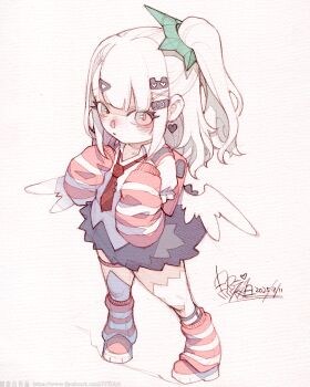 1girl backpack bag bandaid bandaid_hair_ornament black_skirt blush chinatsu_remiel earrings fur-trimmed_skirt fur_trim hair_ornament hairclip hairpin heart heart_earrings highres jewelry leg_warmers looking_at_viewer multiple_hair_clips multiple_thigh_straps necktie pink_arm_warmers pink_bag pink_leg_warmers pink_shoes red_necktie ring_hair_ornament shirt shoes skirt solo striped_arm_warmers striped_leg_warmers thigh_strap white_hair white_shirt winged_bag wings zenless_zone_zero zhaoyebai