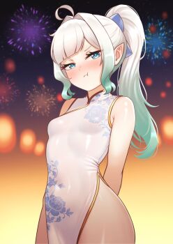 Rule 34 | absurdres, ahoge, arms behind back, blue eyes, breasts, china dress, chinese clothes, cipher4109, densetsu.exe, dress, fireworks, gradient hair, green hair, heart, highres, hip focus, mint fantome, multicolored hair, pointy ears, ponytail, pout, sidelocks, small breasts, tight clothes, virtual youtuber, white dress, white hair