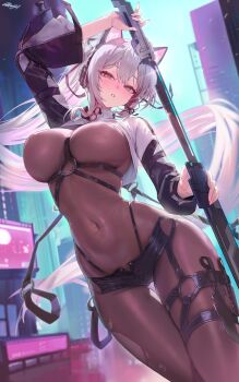 Rule 34 | 1girl, absurdres, animal ear headphones, animal ears, arm up, black choker, black shorts, bodysuit, breasts, brown bodysuit, building, cat ear headphones, cat ears, chest harness, choker, clothing cutout, commission, covered erect nipples, covered navel, dagger, fake animal ears, freng, harness, headphones, highleg, highres, hip vent, holding, holding weapon, knife, large breasts, long hair, long sleeves, looking at viewer, micro shorts, o-ring, open fly, orange eyes, original, panty straps, parted lips, ponytail, shorts, shrug (clothing), solo, thigh gap, thigh strap, very long hair, weapon, white hair, white shrug, yoi (yakinasu)