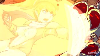 1girl 6+boys animated animated_gif blue_eyes breasts cave colored_skin derpixon fantasy fighting goblin goblin_male grey_skin hair_through_headwear helmet jean_(fandeltales) medium_breasts multiple_boys red_hair torn_clothes twintails