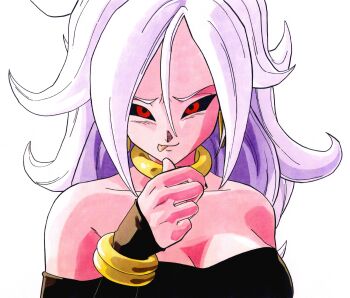 1girl absurdres android_21 bare_shoulders black_sclera black_tube_top breasts cleavage closed_mouth colored_sclera dragon_ball dragon_ball_fighterz earrings grey_hair highres hoop_earrings jewelry large_breasts majin_android_21 red_eyes silverwoodwork simple_background solo strapless tongue tongue_out tube_top upper_body white_background