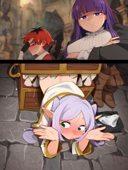 1boy 2girls 2koma absurdres averting_eyes axe black_gloves blunt_bangs blurry blurry_background blush boots bottomless breasts brown_boots buttons capelet closed_mouth comic completely_unamused crossed_arms earrings elf embodiment_of_scarlet_devil fern_(sousou_no_frieren) fingerless_gloves folded_clothes frieren frieren_stuck_in_a_mimic_(meme) glaring gloves green_eyes grey_hair hands_up highres implied_cunnilingus indoors jewelry khyle. large_breasts long_hair long_sleeves looking_at_viewer looking_to_the_side meme mimic mimic_chest motion_lines multicolored_hair multiple_girls nervous_sweating o3o panties pantyhose parted_bangs peeking_through_fingers pointy_ears purple_eyes purple_hair purple_pupils red_hair short_hair sousou_no_frieren stark_(sousou_no_frieren) sweat twintails two-tone_hair unamused underwear unworn_boots unworn_panties unworn_pantyhose white_capelet white_panties