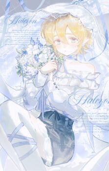1boy absurdres alternate_costume aotu_world bare_shoulders black_ribbon black_skirt blonde_hair blue_eyes blue_flower blue_ribbon blush bouquet bridal_veil chinese_commentary choker crossdressing crossdressing_(mtf) earrings english_text feet_out_of_frame flower frilled_shirt frilled_skirt frills hair_between_eyes highres holding holding_bouquet jewelry king_(aotu_world) leaf leg_ribbon long_sleeves looking_at_viewer male_focus neck_ribbon off-shoulder_shirt off_shoulder parted_lips plutoray pointy_ears ribbon shirt short_hair sitting skirt solo sparkle thighhighs trap veil white_flower white_shirt white_thighhighs zettai_ryouiki