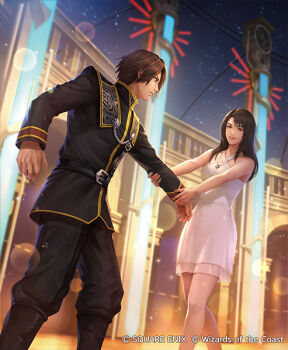 1boy 1girl ballroom bare_shoulders belt black_belt black_boots black_hair black_jacket black_pants blue_eyes boots bracelet breasts brown_hair couple dress feet_out_of_frame final_fantasy final_fantasy_viii fuji_q gold_trim halter_dress halterneck hetero holding_another&#039;s_arm jacket jewelry long_hair magic:_the_gathering medium_breasts military_jacket military_uniform necklace official_alternate_costume official_art pants parted_bangs parted_lips ring ring_necklace rinoa_heartilly school_uniform seed_uniform_(ff8) short_hair smile squall_leonhart square_enix white_dress