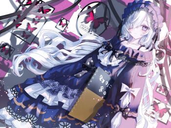 1girl arms_at_sides bare_shoulders blue_dress blue_hairband bug butterfly closed_mouth crescent crescent_necklace dress expressionless feet_out_of_frame framed_insect frilled_dress frills gothic_lolita hair_over_one_eye hairband highres holding holding_sketchbook insect jewelry lolita_fashion lolita_hairband long_hair looking_at_viewer magical_girl mahou_shoujo_no_majo_saiban naoru_(sweeteden98) natsume_an-an necklace one_side_up pale_skin purple_eyes ribbon shadow sketchbook sleeves_past_fingers sleeves_past_wrists solo very_long_hair white_hair