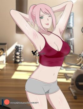1girl agung911 armpits arms_behind_head arms_up blurry blurry_background breasts cleavage dripping exercise_machine grey_eyes gym haruno_sakura highres looking_at_viewer medium_breasts midriff naruto_(classic) naruto_(series) navel one_eye_closed patreon_username pink_hair ponytail shiny_skin short_shorts shorts sidelocks signature sports_bra sportswear sweat sweaty_clothes tongue tongue_out weights wet