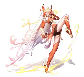 1girl armor armored_boots armored_dress bird black_shorts boots dress feather_hair_ornament feathered_wings feathers fire fu_hua fu_hua_(garuda) full_body hair_ornament highres honkai_(series) honkai_impact_3rd japanese_clothes jiajuniee legs_up long_hair looking_at_viewer metal_gloves multicolored_hair panties phoenix red_eyes red_feathers red_panties shadow shorts simple_background solo solo_focus two-tone_hair underwear very_long_hair white_background white_hair wings