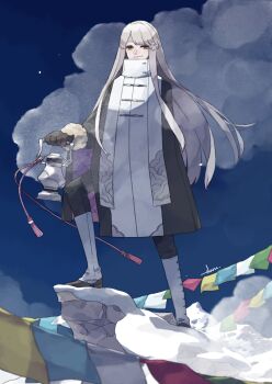 Rule 34 | black gloves, coat, commentary request, gloves, highres, khemri (mountain of heaven), lantern, long hair, looking at viewer, moonriver0123, outdoors, pixiv fantasia, pixiv fantasia mountain of heaven, smoke, snow, solo, standing, string of flags, very long hair