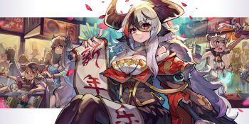 1boy 6+girls animal_ears animal_print bell bikini black_hair black_pantyhose blonde_hair blood blue_dress bottle bracelet breasts brown_eyes brown_hair brown_hat brown_shirt candy cape cellphone chinese_commentary chinese_zodiac chopsticks cleavage cleavage_cutout closed_mouth clothing_cutout commentary commentary_request cow_ears cow_girl cow_horns cow_print cow_print_bikini cowbell crowd cup dress drink_carton faceless facing_another food fur-trimmed_cape fur_trim ghost gold_trim green_dress green_hat grey_eyes grey_hair grin hair_between_eyes hat highres holding holding_candy holding_cup holding_food holding_lollipop holding_phone holding_scroll holding_tray horns in_shopping_cart jewelry large_breasts letterboxed lollipop long_hair looking_at_viewer lyu medium_hair milk_bottle milk_carton multicolored_hair multiple_girls new_year nosebleed open_mouth original out_of_frame outside_border pantyhose people petals phone print_bikini puffy_short_sleeves puffy_sleeves red_cape red_eyes red_hair scroll shirt shopping_cart short_sleeves sidelocks sitting small_breasts smartphone smile spilling streaked_hair swimsuit table taking_picture tray two-tone_dress very_long_hair white_dress white_hair wide_sleeves year_of_the_ox