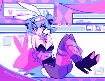 ... 1girl :| animal_ears argyle_background arms_behind_back attribute_slider black_leotard black_shoes blue_eyes blue_hair blunt_bangs blush bound bound_arms bound_legs breasts buttons cheek_poking cleavage closed_mouth collar commentary cursor desktop_(computing) dizzyisdizzy english_commentary facial_mark fake_animal_ears fake_tail flying_sweatdrops folder graph hair_ornament hairband hairpin hatsune_miku high_heels highres icon_(computing) knees_up large_breasts leotard limited_palette mark_under_eye motion_lines multiple_hairpins necktie nose_blush pantyhose papers pie_chart pink_necktie pink_ribbon playboy_bunny poking purple_pantyhose rabbit_ears rabbit_hair_ornament rabbit_hole_(vocaloid) rabbit_symbol rabbit_tail ribbon shoes short_hair short_necktie sitting split_mouth strapless strapless_leotard tail twitter_username two_side_up vocaloid white_collar white_hairband window_(computing)