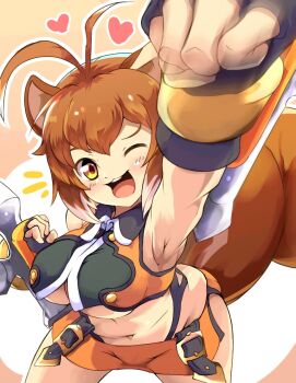 1girl animal_ears arm_up blazblue breasts brown_hair crop_top from_above heart large_breasts looking_at_viewer makoto_nanaya microskirt midriff multicolored_hair one_eye_closed shizupla0120 short_hair simple_background skirt squirrel_ears squirrel_tail tail teeth tonfa two-tone_hair underboob upper_teeth_only weapon white_hair wink yellow_eyes