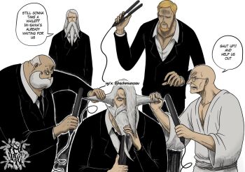 5boys achmunzav annoyed artist_logo bald beard birthmark black_suit blonde_hair collared_shirt commentary english_commentary english_text ethan-baron_v._nusjuro facial_hair figarland_garling formal_clothes goatee hair_pliers hairdressing holding_pliers logo long_beard long_hair long_mustache male_focus marcus_mars multiple_boys mustache one_piece parody pliers robe round_eyewear shepherd_ju_peter shirt short_hair speech_bubble suit thick_mustache topman_warcury white_background white_hair white_robe white_shirt