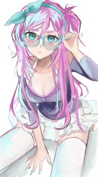 1girl adjusting_eyewear aegyo_sal alternate_costume alternate_hairstyle arm_between_legs arm_support arm_up aubrey_(faraway)_(omori) aubrey_(omori) blue-framed_eyewear blue_eyes blue_hairband bra bra_peek breasts cleavage cowboy_shot frilled_bra frills from_above hairband hashtag-only_commentary highres large_breasts long_hair long_sleeves looking_at_viewer omori pink_bra pink_hair semi-rimless_eyewear sitting skirt solo sunglasses thighhighs under-rim_eyewear underwear waiwaisiyo_ze wariza white_skirt white_thighhighs zettai_ryouiki