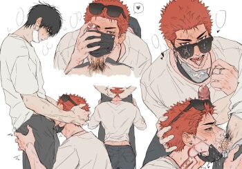 2boys black_hair black_pants blush brown_eyes commentary commentary_request crying cum cum_in_mouth cum_on_body cum_on_mask curled_fingers deepthroat ear_piercing earrings eyewear_on_head facial fellatio guiding_hand hair_between_eyes hand_on_another&#039;s_head hand_up hands_on_another&#039;s_hips heart hug_and_suck irrumatio jewelry kneeling licking licking_penis looking_at_another looking_up male_focus male_pubic_hair mask mask_pull motion_lines mouth_mask multiple_boys multiple_views narrowed_eyes ndgangmenbjsc open_mouth oral pants penis penis_on_face piercing pubic_hair red_hair ring rukawa_kaede sakuragi_hanamichi shirt short_hair simple_background single_earring slam_dunk_(series) speech_bubble spoken_heart sunglasses sweat t-shirt tears teeth tongue tongue_out tsurime upper_teeth_only veins veiny_arms veiny_penis white_background white_shirt x-ray yaoi