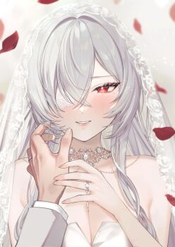 1boy 1girl azur_lane blush breasts bridal_veil dress eyepatch falling_petals frilled_eyepatch fritz_rumey_(azur_lane) hair_between_eyes happy highres jewelry large_breasts looking_at_viewer out_of_frame outstretched_hand petals red_eyes red_petals ring veil wedding_dress wedding_ring white_hair yagimakaron