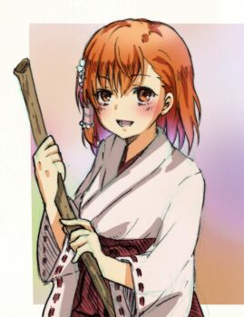 1girl :d alternate_costume asymmetrical_bangs blush brown_eyes brown_hair commentary_request flower hair_flower hair_ornament hakama hakama_skirt hand_up holding holding_staff holding_stick japanese_clothes looking_at_viewer lower_teeth_only medium_hair misaka_mikoto negiko123123 open_mouth red_skirt skirt smile solo staff stick teeth toaru_kagaku_no_railgun toaru_majutsu_no_index tongue upper_body white_flower wide_sleeves