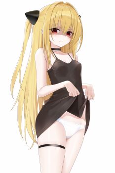 1girl absurdres bare_shoulders black_choker black_dress blonde_hair breasts chinese_commentary choker clenched_teeth clothes_lift collarbone commentary_request disgust dress dress_lift feet_out_of_frame groin hair_between_eyes hair_intakes hairpods highres hip_bones konjiki_no_yami lifting_own_clothes long_hair looking_down panties red_eyes shaded_face sideways_glance simple_background skindentation sleeveless sleeveless_dress small_breasts solo spaghetti_strap standing teeth thigh_strap to_love-ru two_side_up underwear white_background white_panties zerotwenty_(020)