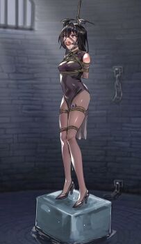 1girl absurdres arms_behind_back ball_gag bdsm bondage bound bound_arms bound_legs covered_erect_nipples defeat execution female_focus gag gag_harness gagged hanged high_heels highres ice imminent_death original pussy_juice pussy_juice_puddle pussy_juice_trail restrained skindentation solo wwwwumu