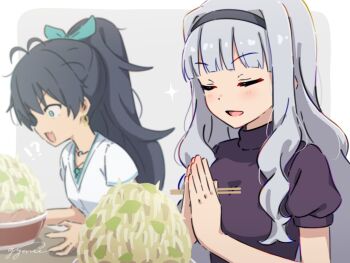 !? 2girls bean_sprout black_hair black_hairband bowl chopsticks closed_eyes constricted_pupils earrings fang food ganaha_hibiki grey_hair gyorui_(katsuwo_drawing) hairband highres holding holding_chopsticks idolmaster idolmaster_(classic) itadakimasu jewelry jirou_(ramen) long_hair multiple_girls noodles own_hands_together ponytail purple_shirt ramen shijou_takane shirt short_sleeves signature skin_fang sparkle surprised too_much_food upper_body