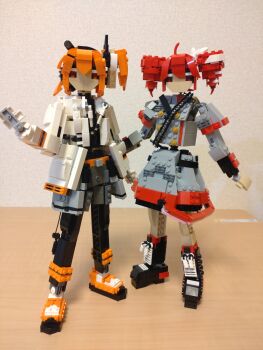 Rule 34 | 2girls, a.i. voice, adachi rei, ahoge, belt, belt buckle, black footwear, black leggings, black shirt, boots, buckle, buttons, choroli (chorolin), double-breasted, drill hair, full body, gloves, grey jacket, grey shorts, grey skirt, hair between eyes, hair ribbon, hand up, headlamp, highres, jacket, kasane teto, kasane teto (sv), leggings, lego (medium), long sleeves, looking at viewer, medium hair, multiple girls, one side up, open clothes, open jacket, orange belt, orange boots, orange eyes, orange hair, radio antenna, red eyes, red hair, ribbon, shirt, shoes, shorts, shoulder belt, skirt, standing, synthesizer v, twin drills, unconventional media, utau, white gloves, white jacket, white ribbon